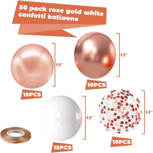 Zesliwy Rose Gold Confetti Balloons, 50 Pack 12 inch White and Rose Gold Latex Balloons for Party Decorations