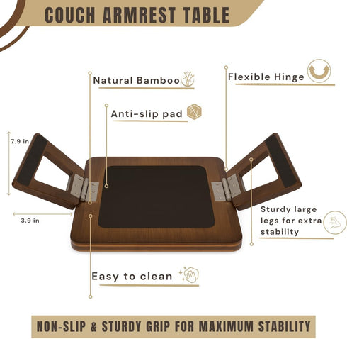 '-13 9.5 Inch Sofa Table Tray - Bamboo Couch Armrest Table Universal Fit - Sofa Table With Non-Slip Pads to Keep Things