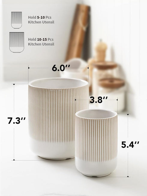 LE TAUCI Utensil Holder, 7.3"+5.4" Ceramic Kitchen Utensil Holder for Countertop, Set of 2, Arctic White, Boho