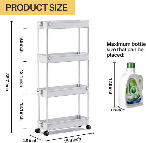 SPACEKEEPER Slim Rolling Storage Cart - 4 Tier Bathroom Organizer Mobile Shelving Unit for Kitchen, Laundry, Gray
