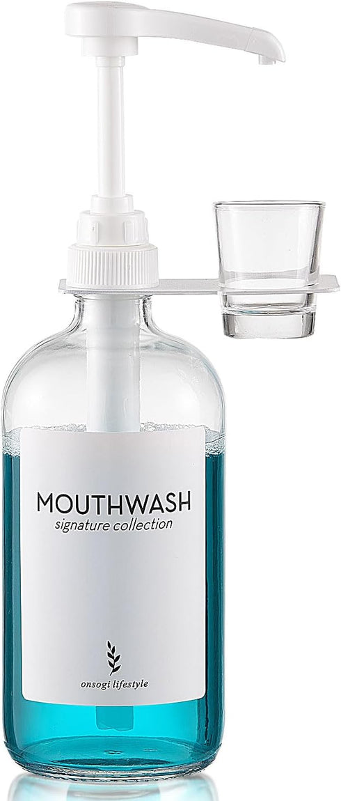 onsogi Glass Mouthwash Dispenser with Cup Holder and Pump, 16 Oz Rustic Boho