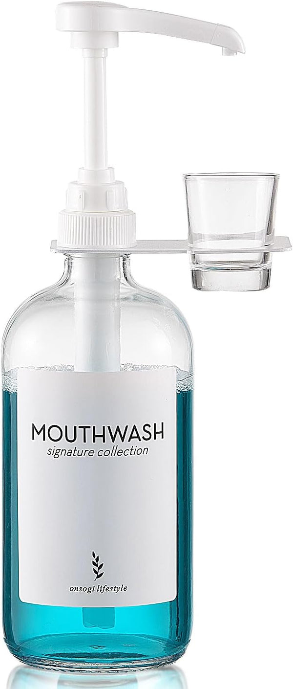 onsogi Glass Mouthwash Dispenser with Cup Holder and Pump, 16 Oz Rustic Boho