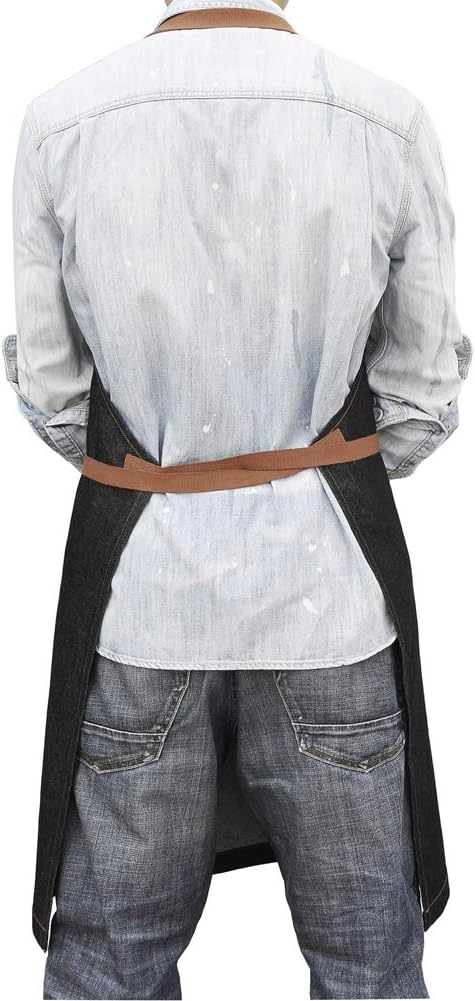 Denim Kitchen Apron with Pockets, Professional Chef Bib Apron for Cooking, Grill & BBQ