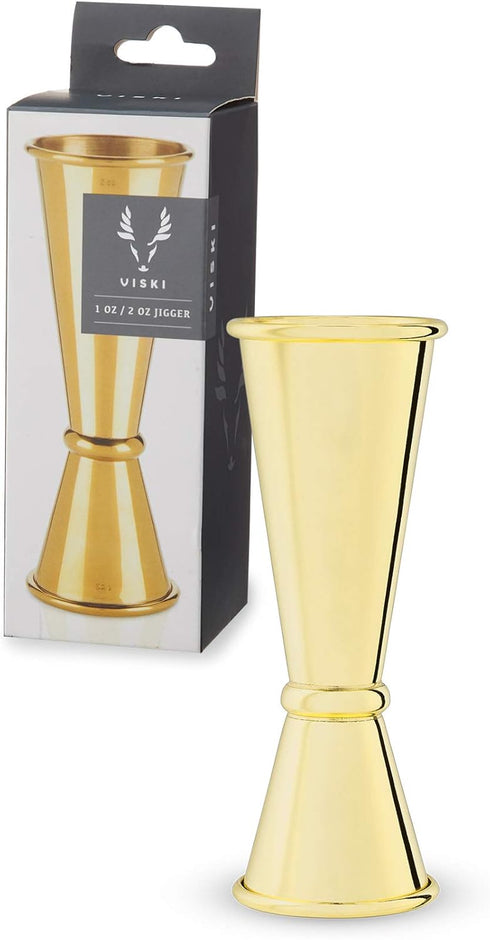 Viski Japanese Style Double Jigger for Cocktails, 1oz and 2oz with Interior Measurements, Gold