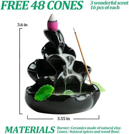 Cute Ceramic Backflow Incense Holder, Waterfall Incense Burner with 48 Incense Cones and 30 Sticks