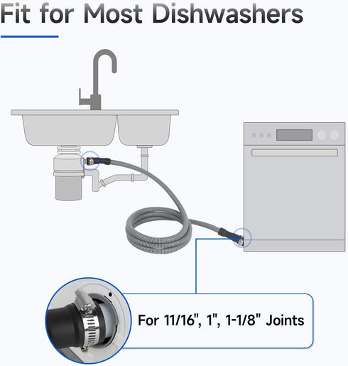 10 FT Dishwasher Drain Hose, Corrugated and Flexible Replacement with Clamps, Fits 11/16", 1", 1-1/8"