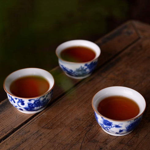 Chinese Handmade Kungfu Tea Cup 60 ml, Blue and White Bone China Tea Cups Set of 3