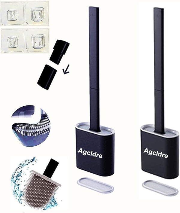 Toilet Brush with Holder, Silicone Toilet Brush and Cleaning Brush Set for Household Bathroom (Black)