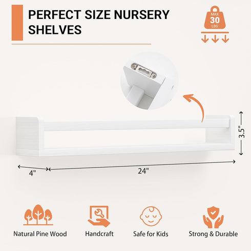Heimlove 24 inch Set 3 Nursery Floating Shelves, Solid Wood Nursery Book Shelves for Wall, Bookshelf for Kids, Wall