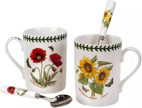 Portmeirion Botanic Garden Mug & Teaspoon Set - Ceramic Mugs & Stainless Steel Spoons - Poppy & Sunflower Motifs