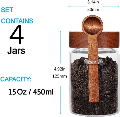 Set, 4 16 OZ SAIOOL Loose Leaf Tea Storage Canister Pieces Glass Tea Containers with Wooden Lids and Spoons for Loose