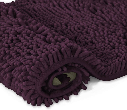 LuxUrux Plum Bath Mat, U-Shaped Contoured Rug for Around Toilet, Super Absorbent Shaggy Bath Rug