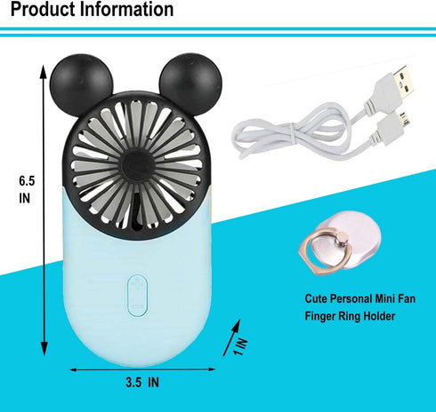 Cute Personal Mini Fan(2 PACK), Mini Handheld Fan, USB Rechargeable Portable Fan with Stylish LED Light,3 Speed Adjustable,Cute Mouse,for Kids Girls Woman Home Office Outdoor Travel by ZSHMJMJ