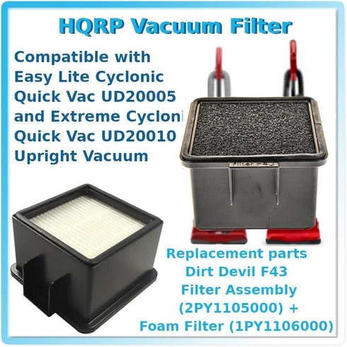 HQRP 2-Pack Filters Replacement for Dirt Devil F43, 2PY1105000, compatible with Dirt Devil Vacuums