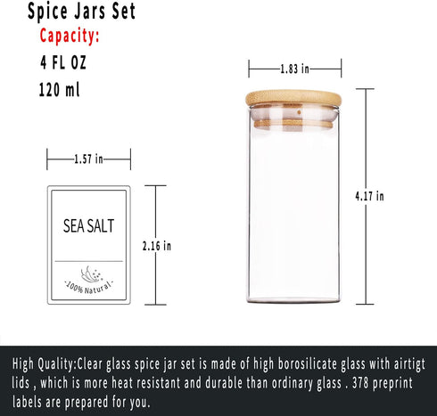 24 400 Set 4 OZ Churboro Glass Spice Jars with Bamboo Airtight Lids, Spice Labels, Funnel and Chalk Marker Spice