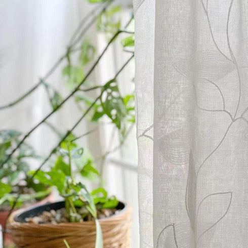 HOMEIDEAS White Sheer Curtains, 52 x 63 Inches, 2 Panels Embroidered Leaf Pattern Faux Linen for Windows