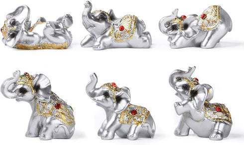 BRABUD Silver Resin Small Elephants Statues Home Decoration Gift Set of 6 BS122 (Silver)