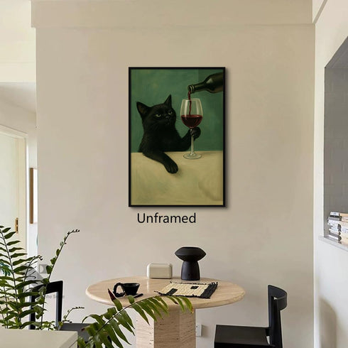 Generic 12x16in Black Cat Canvas Wall Art, Moody Dark Green Cat Painting Poster, Vintage Whimsical Animal Picture, Wine