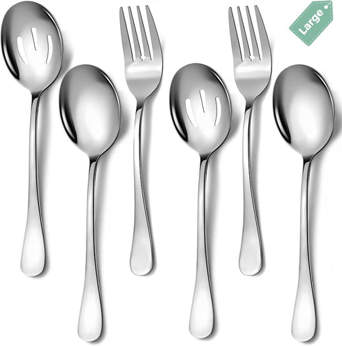 Large Stainless Steel Serving Utensils Set, 6 Pcs with 10" Serving Spoon, Slotted Spoons, Serving Forks, Dishwasher Safe