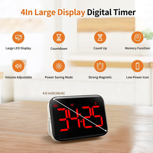 VOCOO Magnetic Kitchen Timer for Cooking with Count Up Countdown, Digital Timer Battery Powered with Large Display, 2 Brightness and Volume Levels for Classroom, Teacher, Kids (Red) by VOCOO