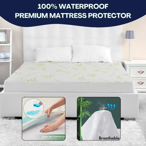 Bamboo Mattress Protector with Zipper, 100% Waterproof King Size Cooling Cover, Ultra Soft Jacquard Fabric