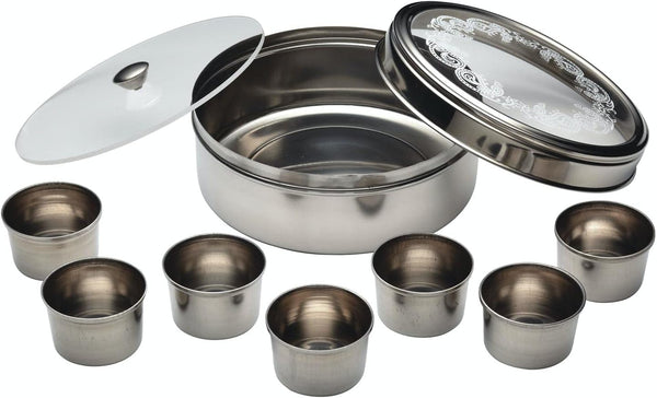 KitchenCraft World of Flavours Indian Spice Box, Stainless Steel, 7 Spice Pots + Large Spice + Cover, 17 x 7 cm