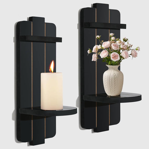 SUJUN Rustic Candle Holder Set of 2 Vintage Black Wooden Wall Sconces for