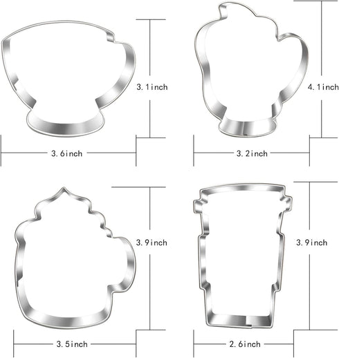 Large Coffee Cup Cookie Cutter Set - 4 Piece Coffee Mug, Hot Cocoa Mug, Teacup Cookie Fondant Biscuit Cutters