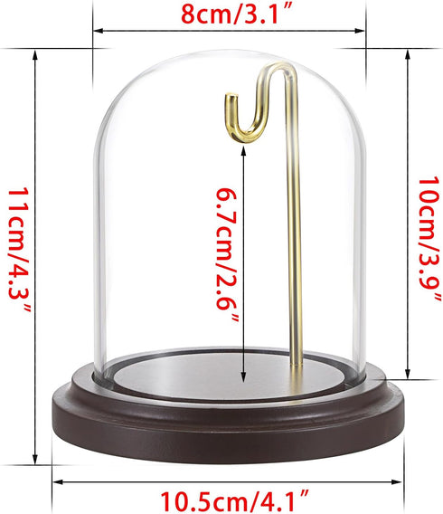 JUXYES Clear Watch Glass Display Dome Cloche With Hook, Dome Cloche with Hook with Wooden Base, Transparent Dome Cloche