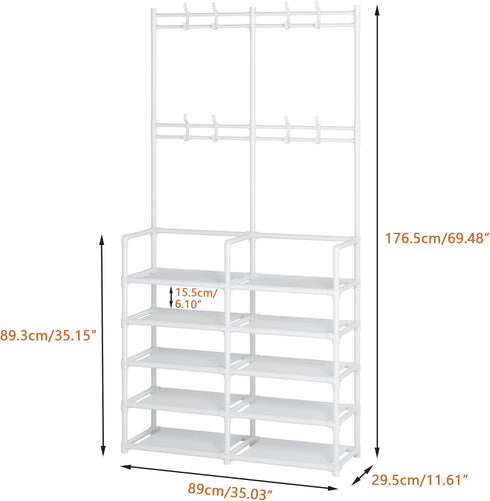 Laiensia 5-Tier Entryway Coat Rack - Coat and Shoe Rack with 8 Hooks for Bedroom, Hallway, Office - White