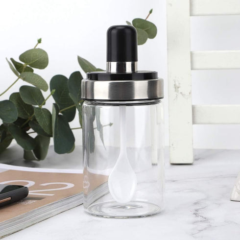 Glass Spice Jars, Transparent Seasoning Bottle Container with Visible Cover Spoon for Kitchen