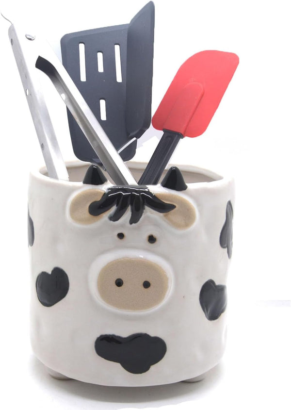 Ceramic Cow Kitchen Utensil Holder for Countertop, Large Cooking Crock Holder, Spatula Holder, Cow Gifts