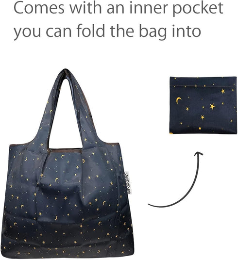 allydrew (Set 2), Foldable Tote Nylon Reusable Grocery Bag of Moon & Stars