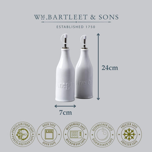 WM Bartleet & Sons 1750 T186 Set 34cm Traditional Porcelain of Olive Oil & Vinegar Bottles with Stainless Steel Pourers