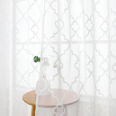 White Sheer Curtains 84 Inches Long, Lattice Geometric Embroidered Semi Sheer Curtain Panels, 52"w x 2pcs, Grommet Top