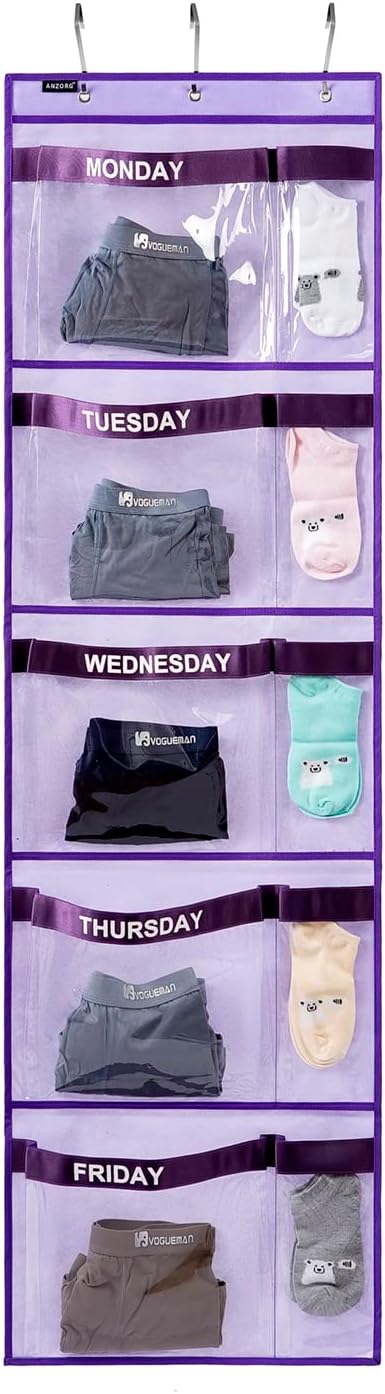 Kids Clothes Organizer for School, Weekly Hanging Storage from Monday to Friday, Day of Week Closet Organizer (PURPLE)