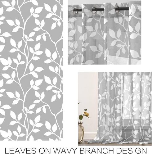 XTMYI Light Grey Small Window Curtain Panels for Bathroom, Grommet Leaf Striped Sheer Half Short Curtains, 48 Inch