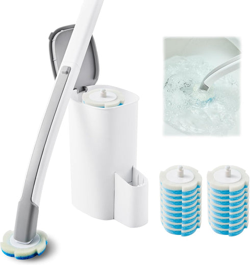 Disposable Toilet Brush and Holder Set with 16 Refills, Long Handle Wand, Compact Bathroom Scrubber, White