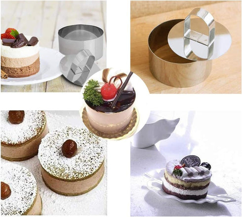 Stainless Steel 3D Cake Molds with Pusher Lifter, Set of 4 Baking Dish Tools for Cupcake, Mousse, Salad