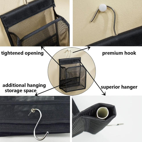 ALYER Hanging Mesh Shower Caddy Organizer - Bathroom Storage Bag with Hooks for College Dorm, Gym, RV and Travel, Black