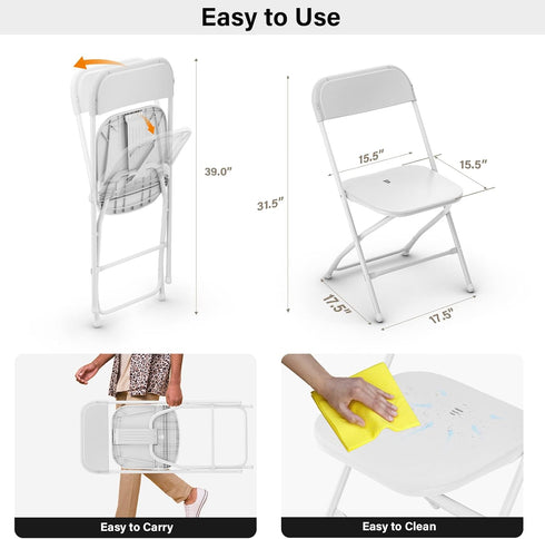Set 1, Commercial 350 lb (1, VINGLI White Plastic Folding Chairs, of Heavy-Duty Seats with Steel Frame, Capacity