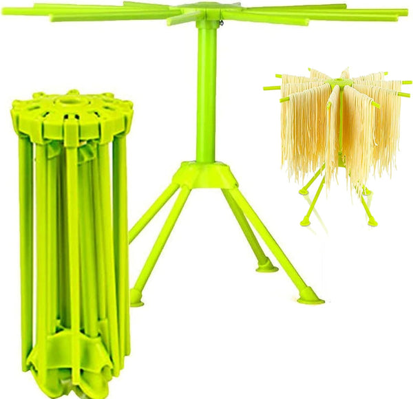 iPstyle Kitchen Pasta Drying Rack, Folding Noodle Stand with 10 Bar Handles, Green