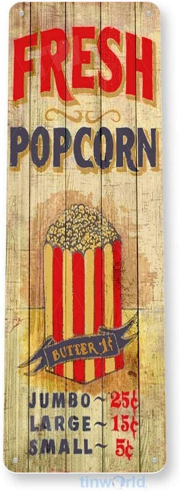 Popcorn Sign Hot Fresh Butter, Movie Theater Cinema Tin Sign, 16" X 4"