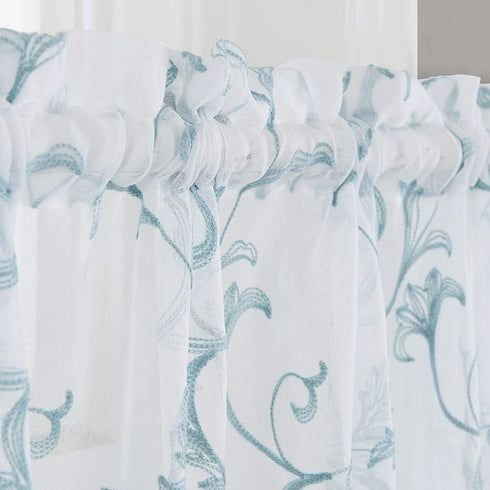 Embroidery Blue Sheer Curtains, 84 Inches Long, Rod Pocket Drapes for Living Room, 2 Panels, 52"x84"