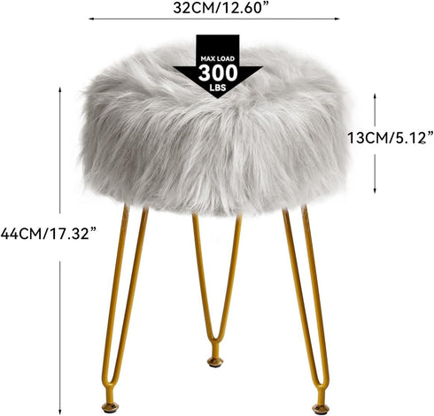 4 LG-32G IBUYKE Faux Fur Vanity Stool Chair, Furry Makeup Stool Ottoman, Soft Padded Seat, Round Footrest Footstools