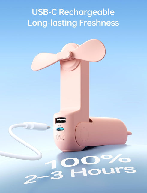 JISULIFE Handheld Mini Fan, 3 IN 1 USB Rechargeable Portable Fan with Power Bank, Flashlight, Pocket Design, Pink