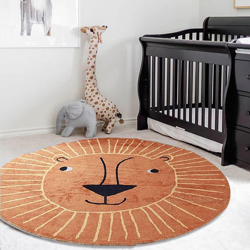 Poowe Decor,47.2" Orange Lion Round Kids Playroom Rug Alphabet Rug-Kids Play Mat Non-Slip Baby Crawling Mat Circle Area