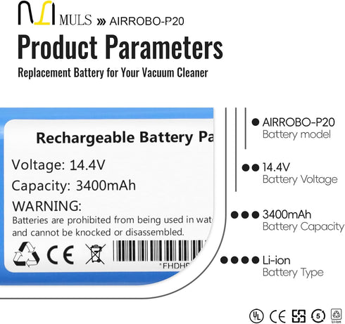 MULS Rechargeable Battery for AIRROBO P20 Robot Vacuum Cleaner, 14.4V