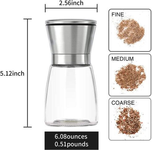 Herda 304 Brushed Stainless Steel Salt and Pepper Grinder - Adjustable Ceramic Shaker, Tall Glass Mill (2Pcs)