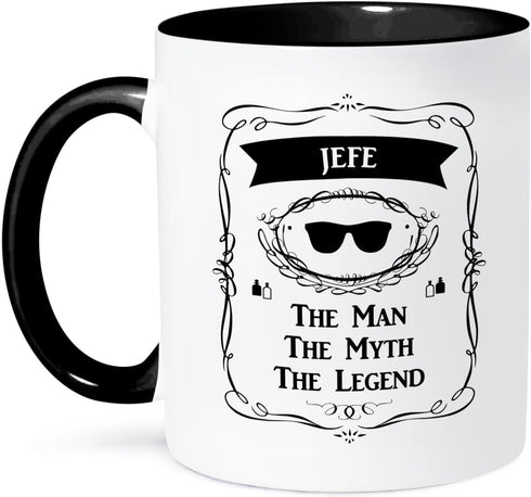 3dRose Jefe - The Man The Myth The Legend Dad Father Boss Chief in Spanish - Two Tone Black Mug, 11oz